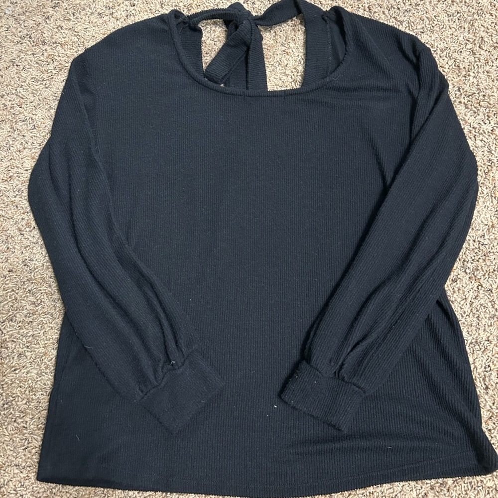 Black Long Sleeve Blouse with Back Tie